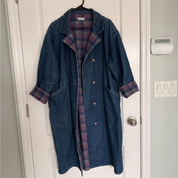 Vintage 80’s Denim Long Duster Blue Pink Plaid Lined Long Coat Sz L Jean Heavy - Picture 3 of 17